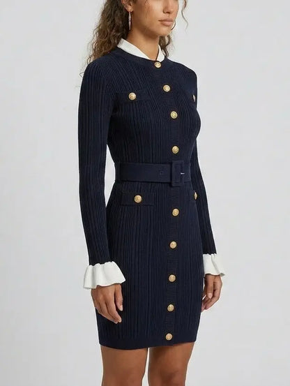 Ribbed Knit Gold-Button Long Sleeve Mini Dress - Dresses
