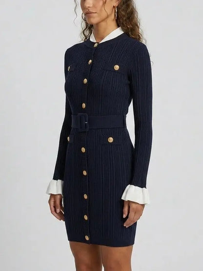 Ribbed Knit Gold-Button Long Sleeve Mini Dress - Dresses