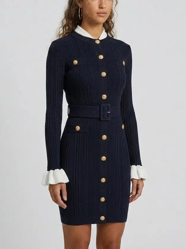 Ribbed Knit Gold-Button Long Sleeve Mini Dress - Dresses