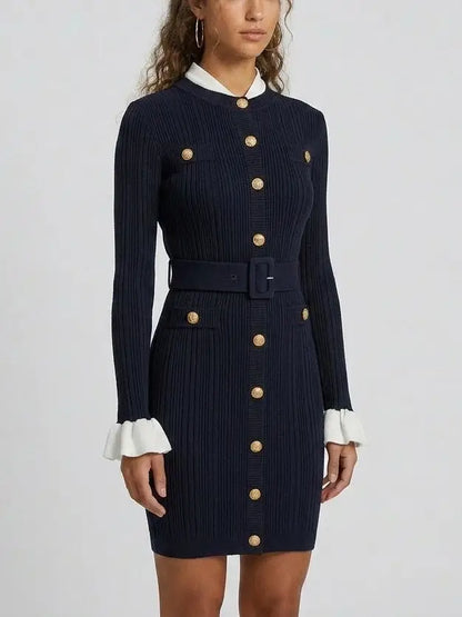 Ribbed Knit Gold-Button Long Sleeve Mini Dress - Dresses