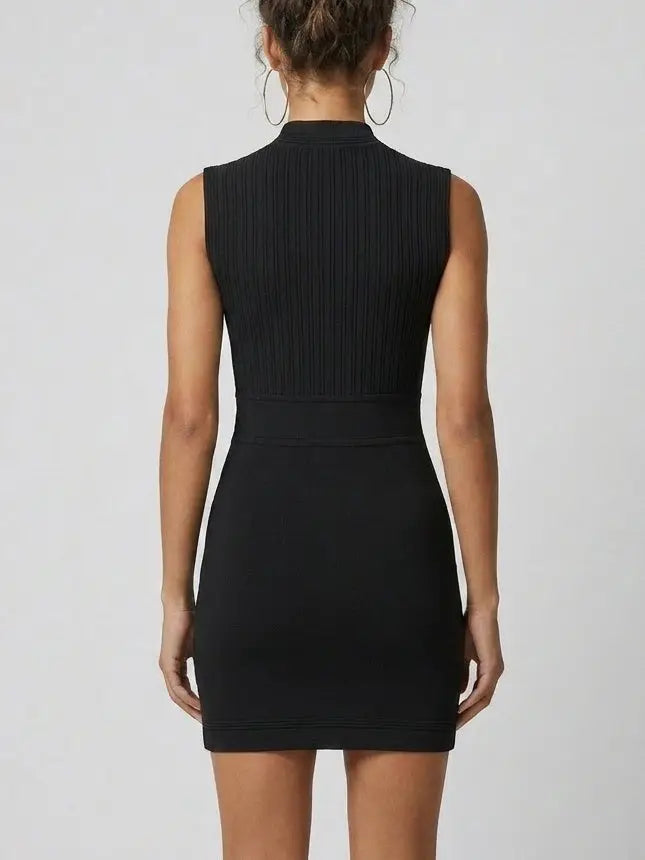 Ribbed Knit Gold-Button Sleeveless Mini Dress - Dresses