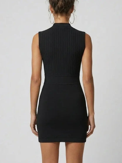 Ribbed Knit Gold-Button Sleeveless Mini Dress - Dresses