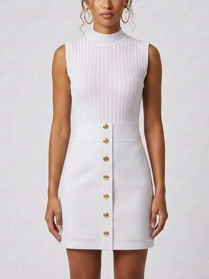 Ribbed Knit Gold-Button Sleeveless Mini Dress - S / White - Dresses