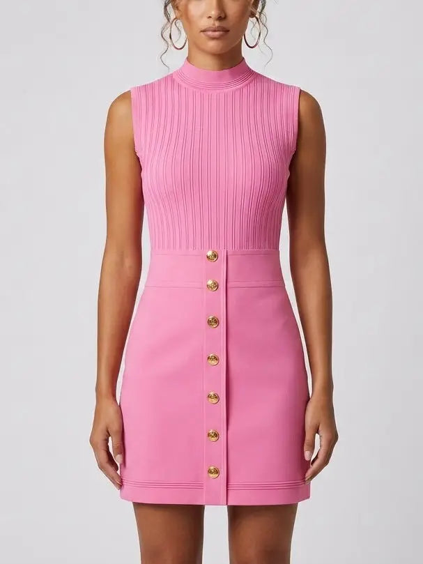 Ribbed Knit Gold-Button Sleeveless Mini Dress - S / Pink - Dresses