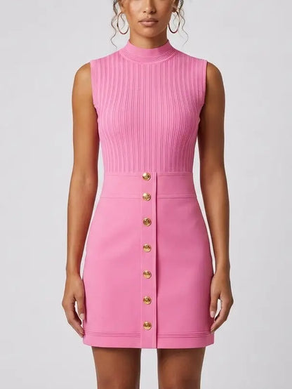 Ribbed Knit Gold-Button Sleeveless Mini Dress - S / Pink - Dresses