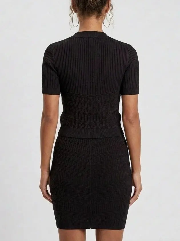 Ribbed Knit Gold-Button Top and Skirt Set - Suits & Sets