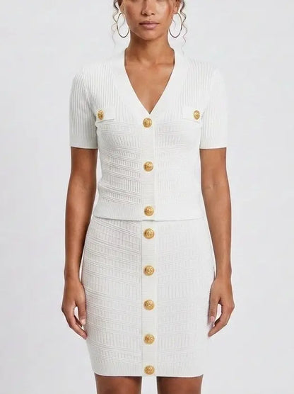 Ribbed Knit Gold-Button Top and Skirt Set - S / White - Suits & Sets
