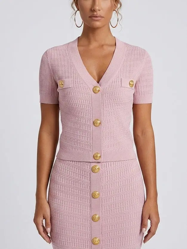 Ribbed Knit Gold-Button Top and Skirt Set - Suits & Sets