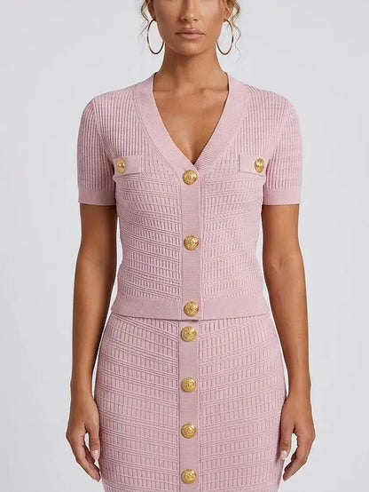 Ribbed Knit Gold-Button Top and Skirt Set - Suits & Sets