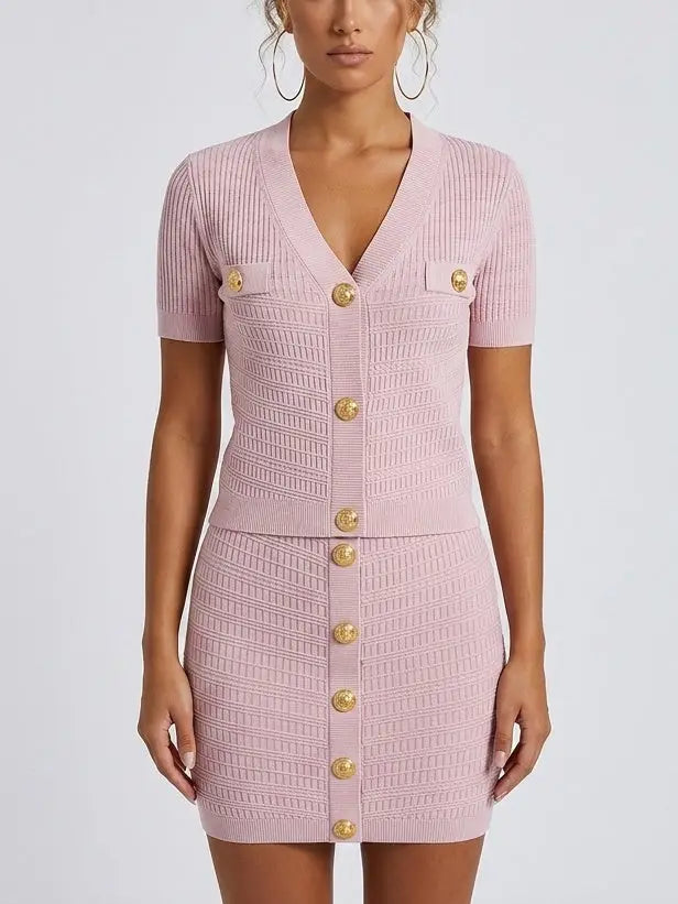 Ribbed Knit Gold-Button Top and Skirt Set - S / Pink - Suits & Sets