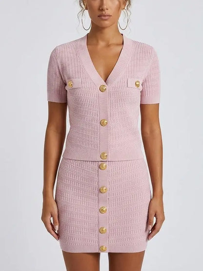 Ribbed Knit Gold-Button Top and Skirt Set - S / Pink - Suits & Sets