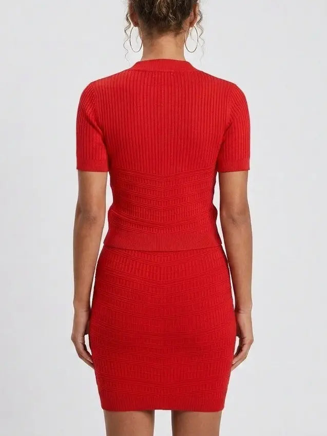 Ribbed Knit Gold-Button Top and Skirt Set - Suits & Sets