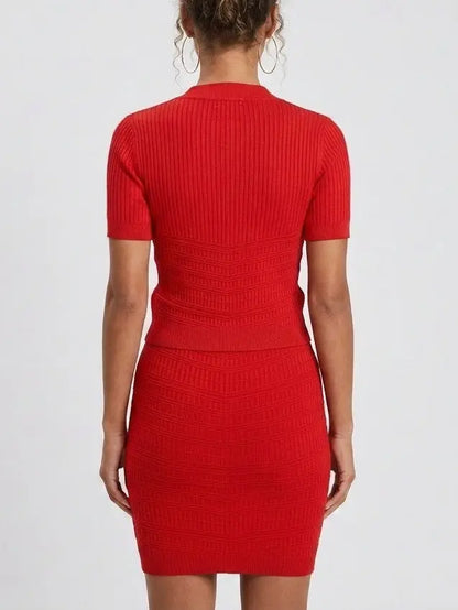 Ribbed Knit Gold-Button Top and Skirt Set - Suits & Sets