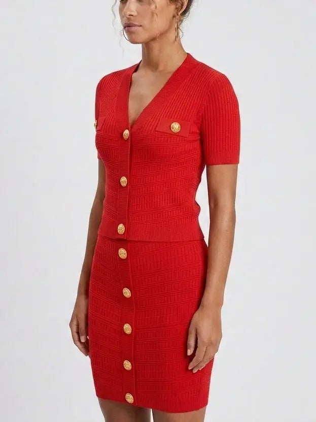 Ribbed Knit Gold-Button Top and Skirt Set - Suits & Sets