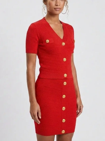 Ribbed Knit Gold-Button Top and Skirt Set - Suits & Sets