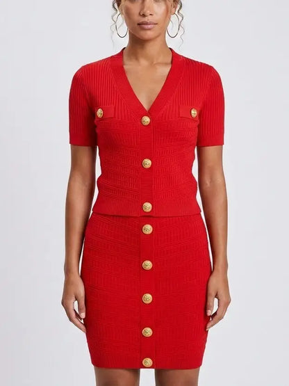 Ribbed Knit Gold-Button Top and Skirt Set - S / Red - Suits & Sets