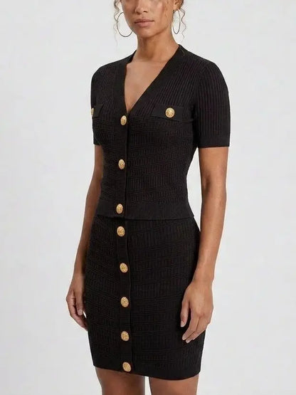 Ribbed Knit Gold-Button Top and Skirt Set - Suits & Sets