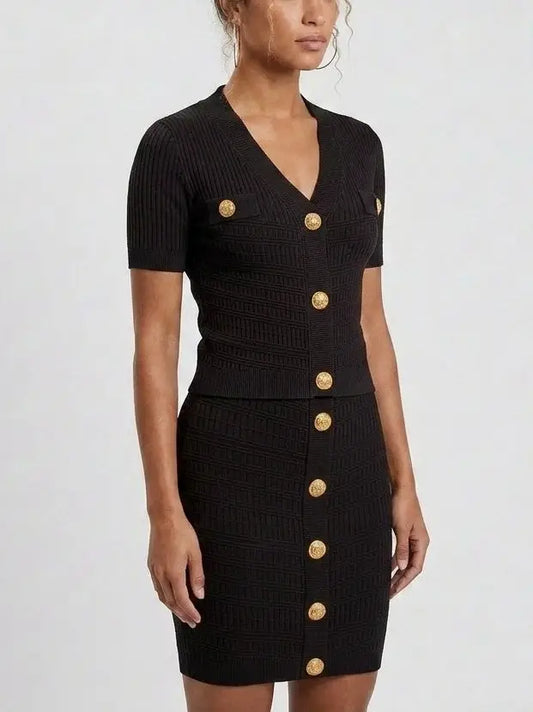 Ribbed Knit Gold-Button Top and Skirt Set - Suits & Sets