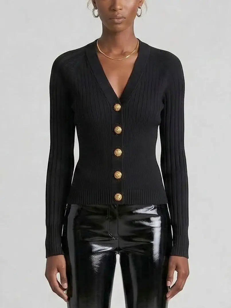 Ribbed Knit Gold Button Cardigan - Small / Black - Sweaters & Knitwear