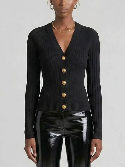 Ribbed Knit Gold Button Cardigan - Small / Black - Sweaters & Knitwear