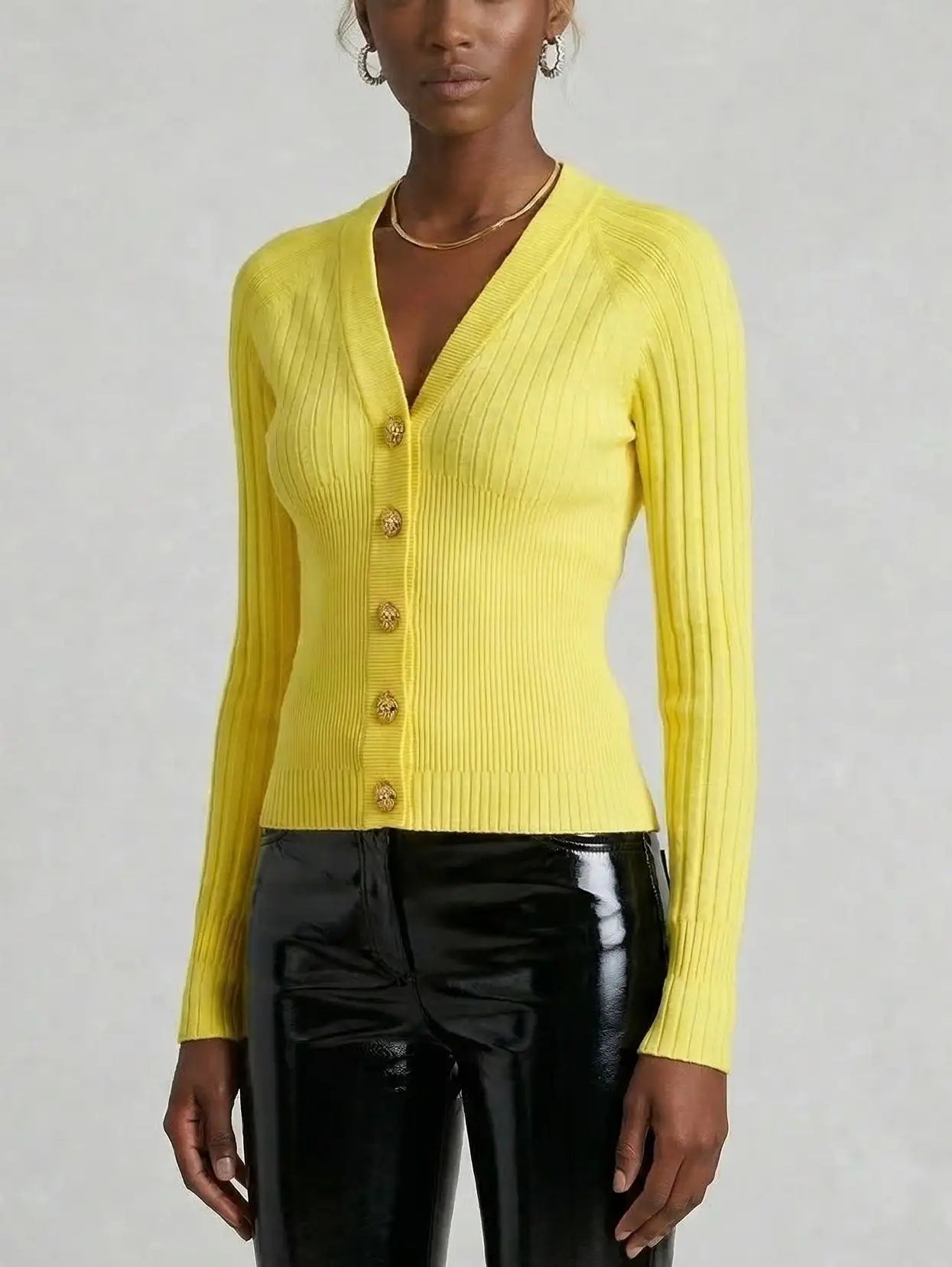 Ribbed Knit Gold Button Cardigan - Sweaters & Knitwear