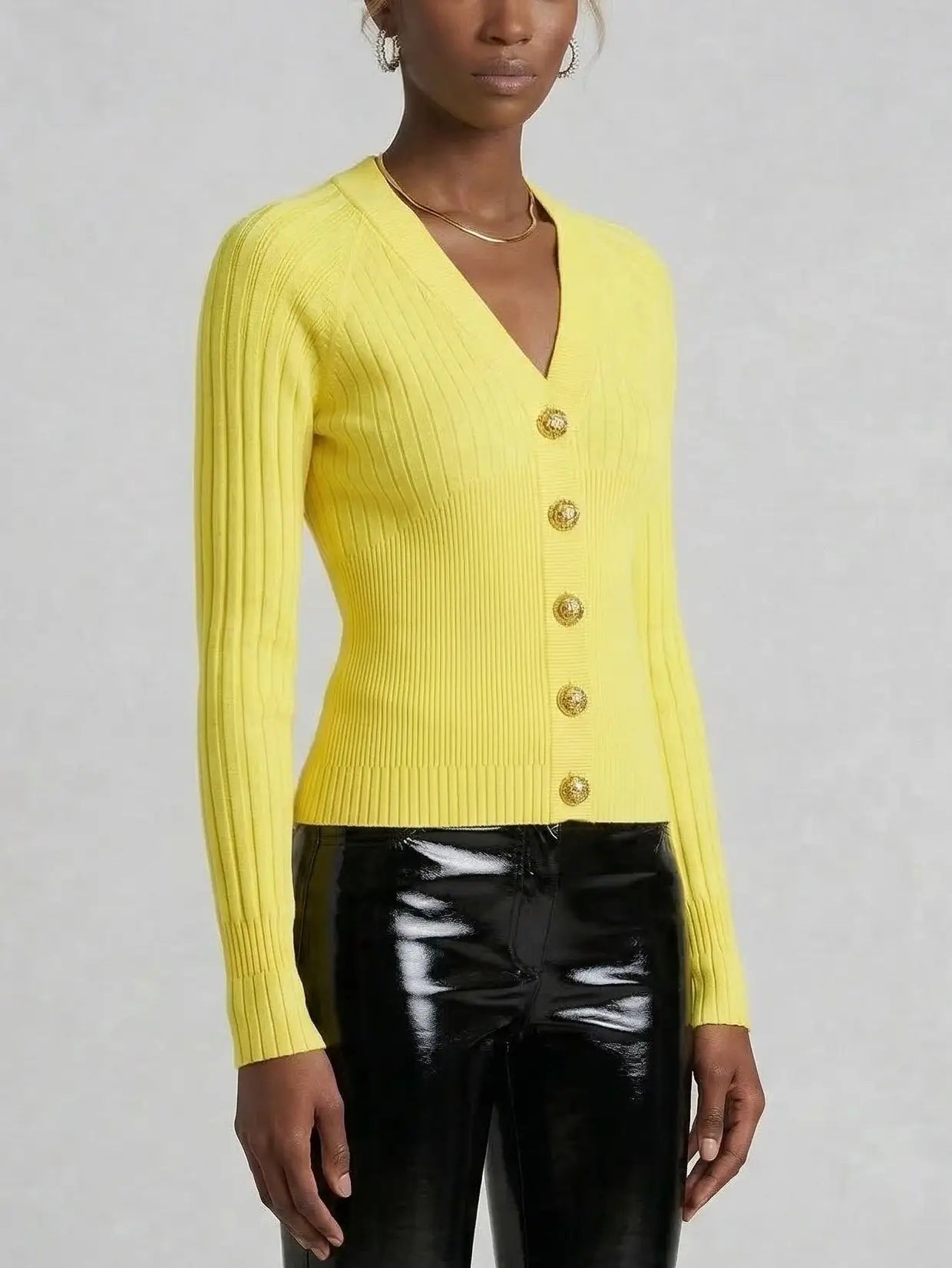 Ribbed Knit Gold Button Cardigan - Sweaters & Knitwear