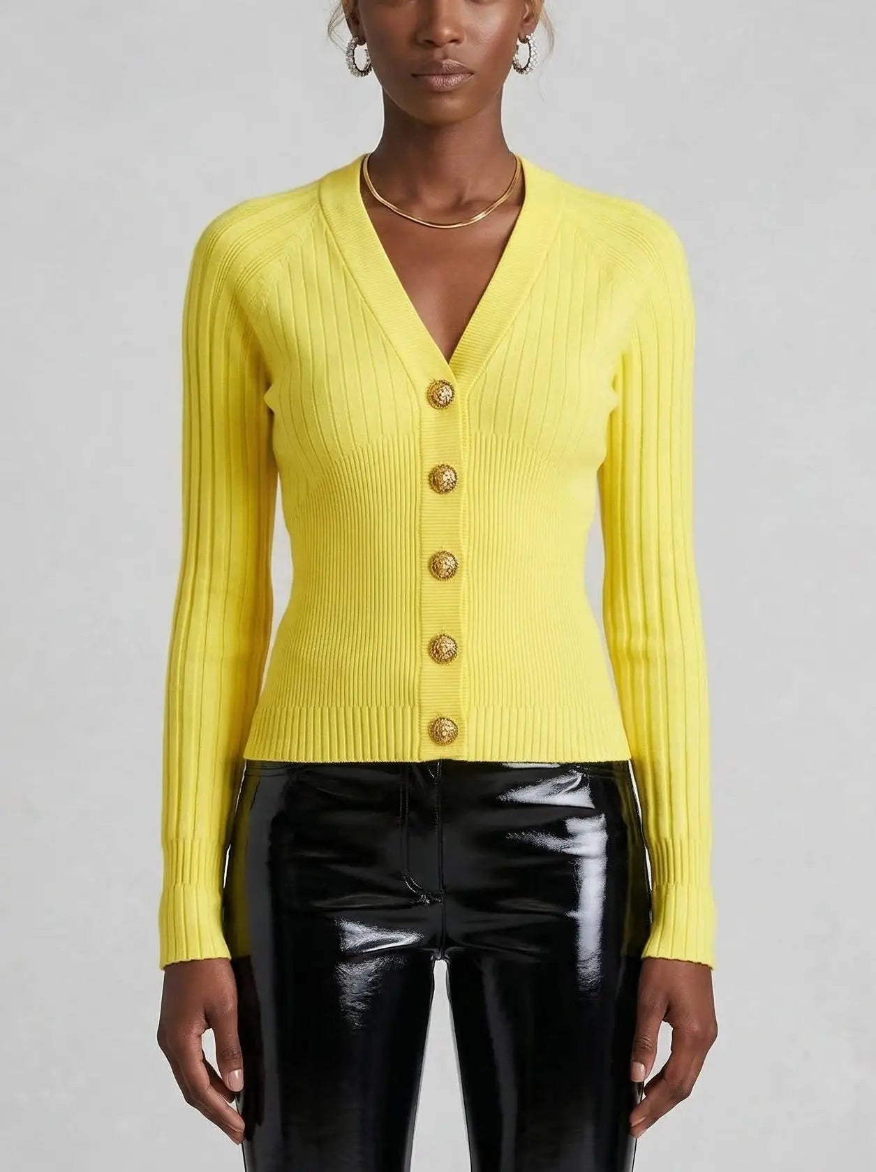 Ribbed Knit Gold Button Cardigan - Sweaters & Knitwear