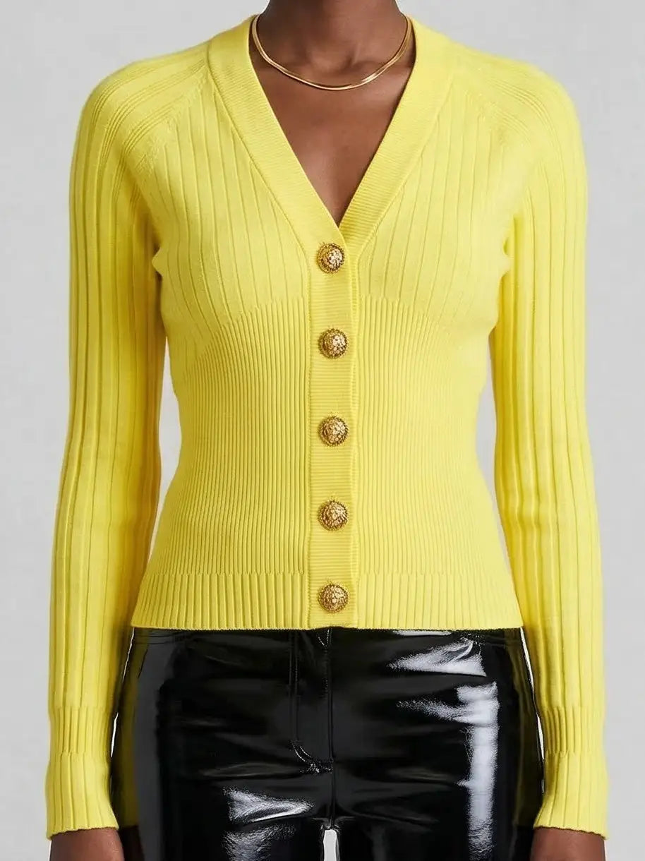 Ribbed Knit Gold Button Cardigan - Sweaters & Knitwear