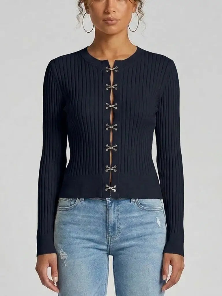 Ribbed Knit Hook Front Top - Small / Navy - Tops