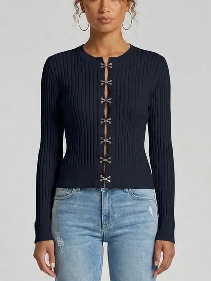 Ribbed Knit Hook Front Top - Small / Navy - Tops
