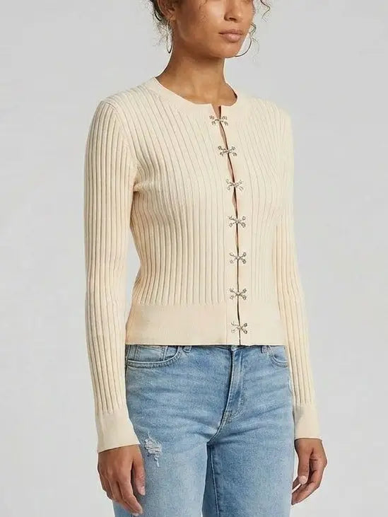 Ribbed Knit Hook Front Top - Tops
