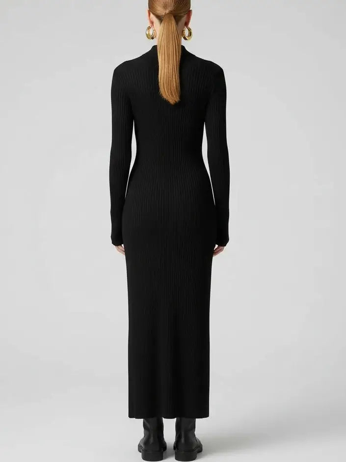 Ribbed Knit Maxi Dress with Gold Front Zip in Black - Dresses
