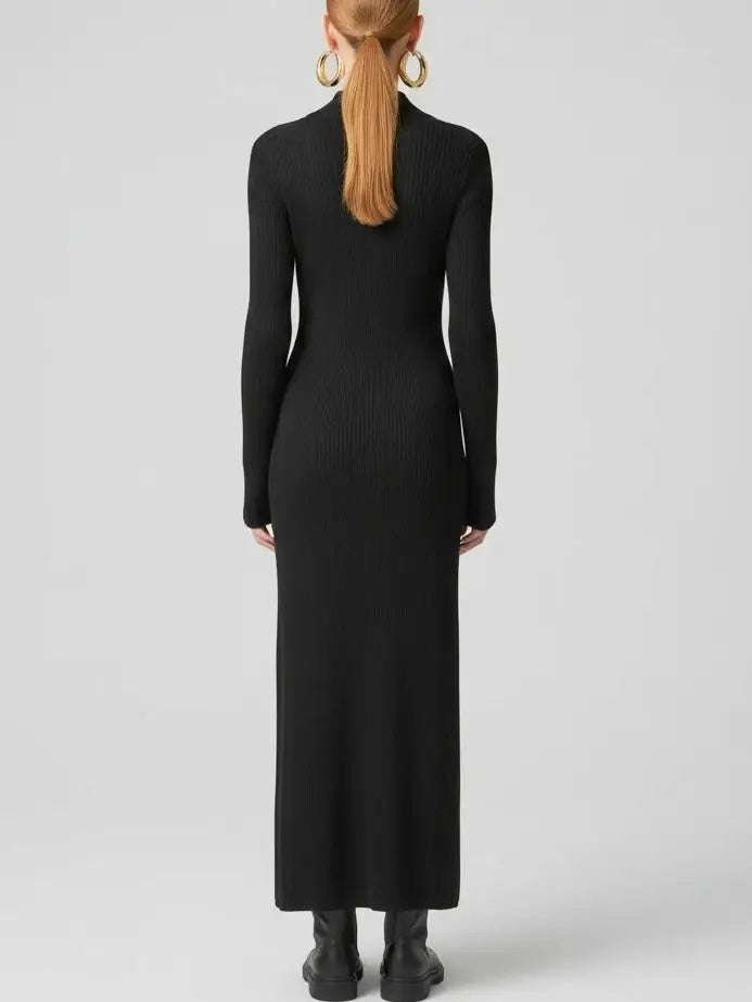 Ribbed Knit Maxi Dress with Gold Front Zip in Black - Dresses