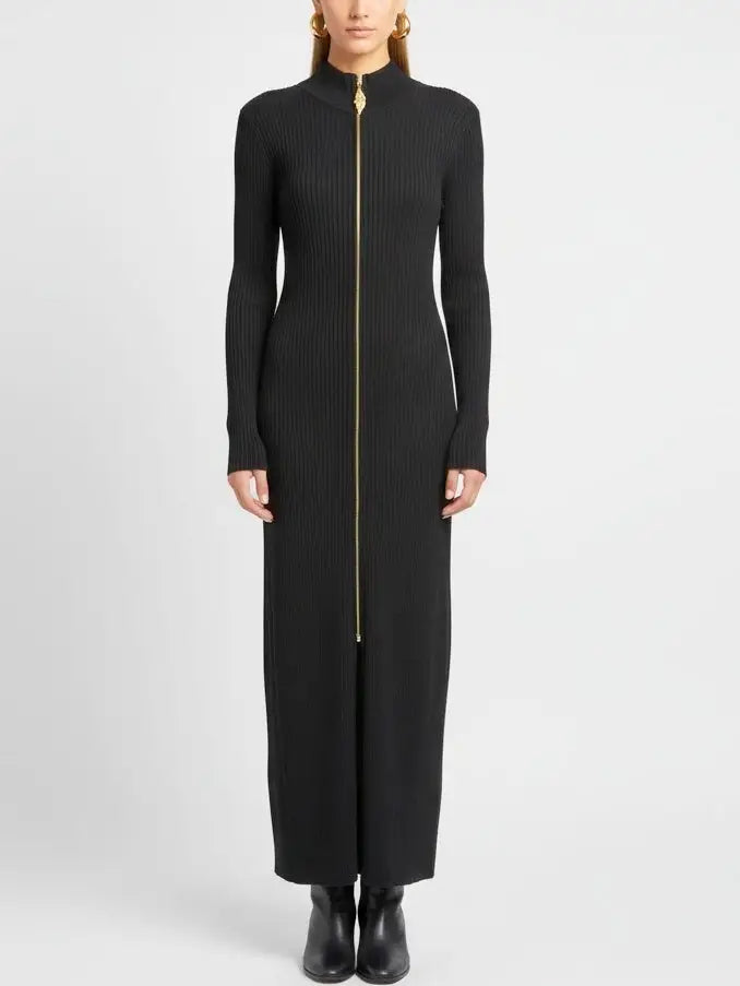 Ribbed Knit Maxi Dress with Gold Front Zip in Black - Dresses
