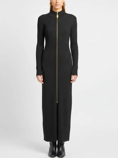 Ribbed Knit Maxi Dress with Gold Front Zip in Black - Dresses