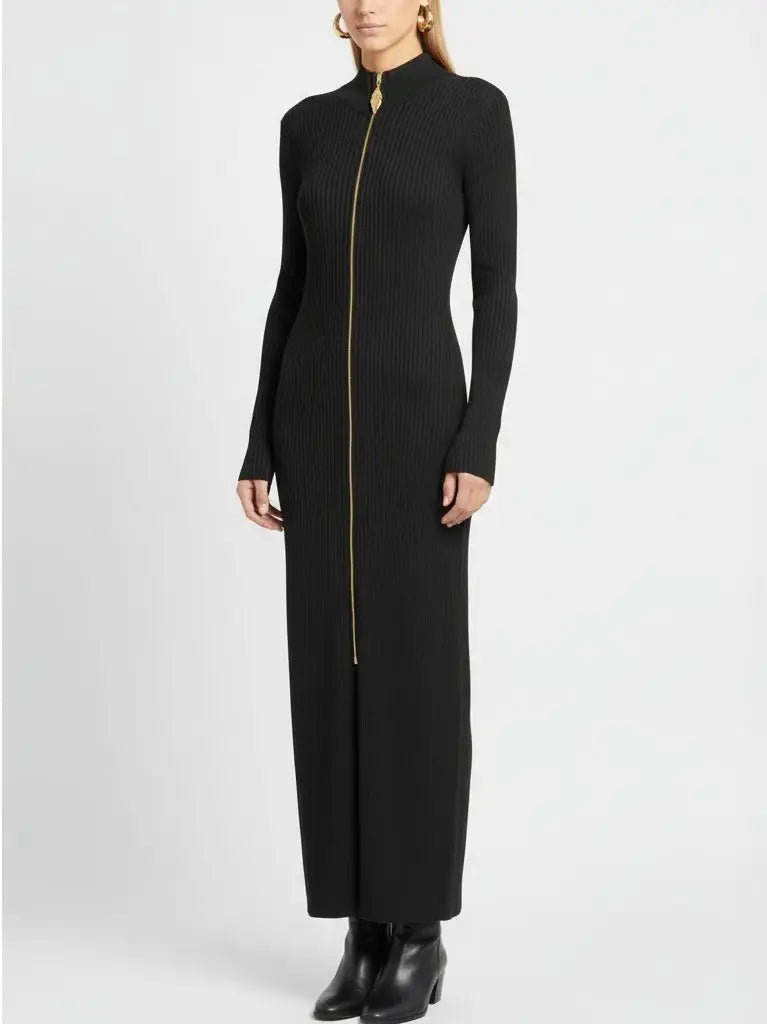 Ribbed Knit Maxi Dress with Gold Front Zip in Black - Dresses