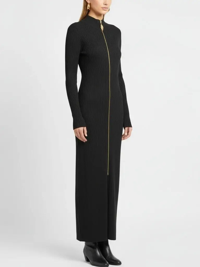 Ribbed Knit Maxi Dress with Gold Front Zip in Black - Dresses