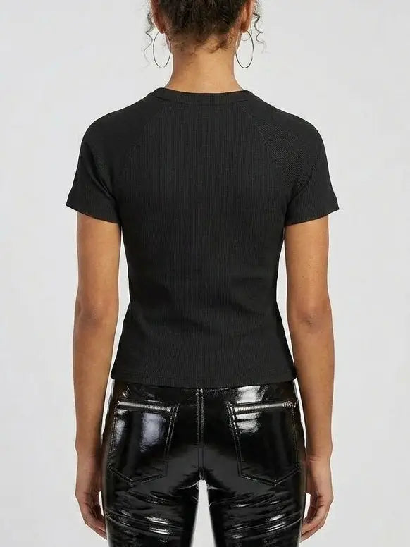 Ribbed Knit Ring-Zip Black Top - Tops