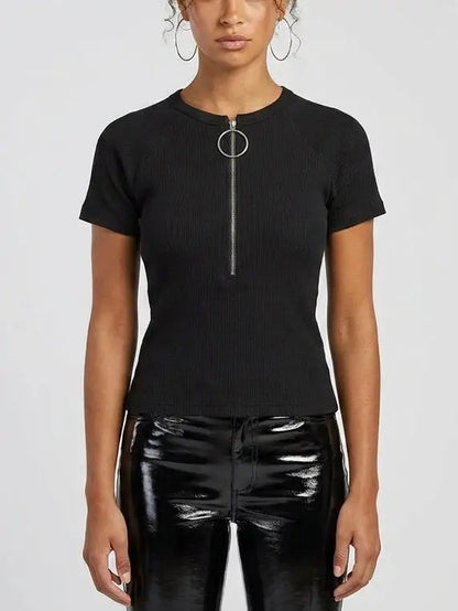 Ribbed Knit Ring-Zip Black Top - Tops