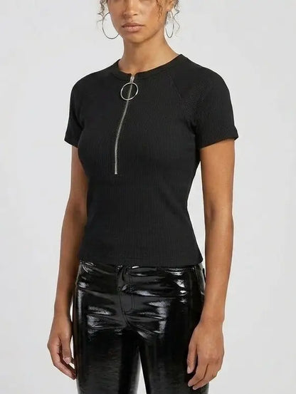Ribbed Knit Ring-Zip Black Top - Tops