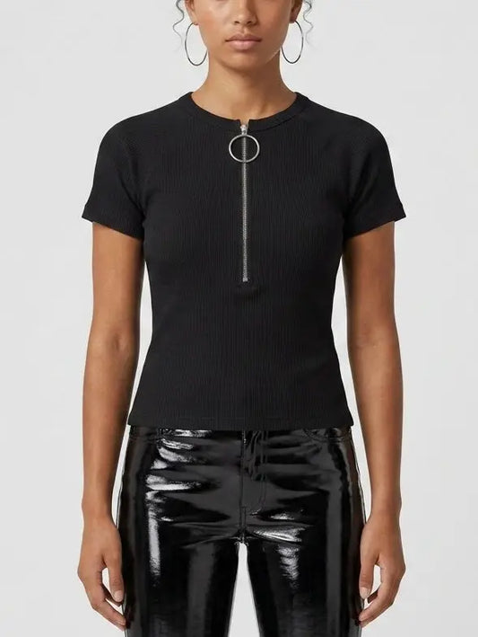 Ribbed Knit Ring-Zip Black Top - S - Tops