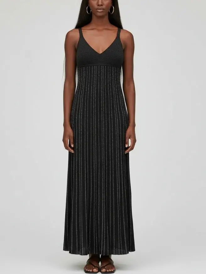 Ribbed Knit Sleeveless Maxi Dress with Empire Waist - S - Dresses