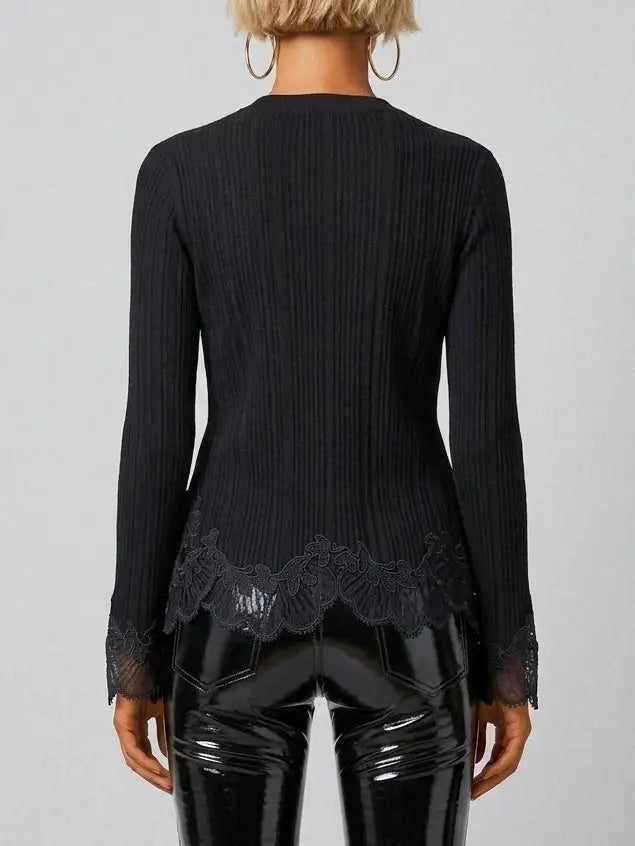 Ribbed Knit Wool Cardigan with Lace Trim in Black - Sweaters & Knitwear