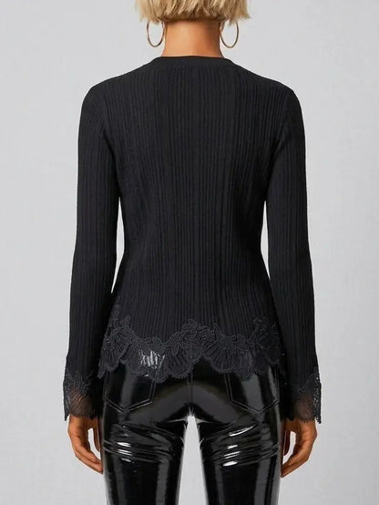 Ribbed Knit Wool Cardigan with Lace Trim in Black - Sweaters & Knitwear
