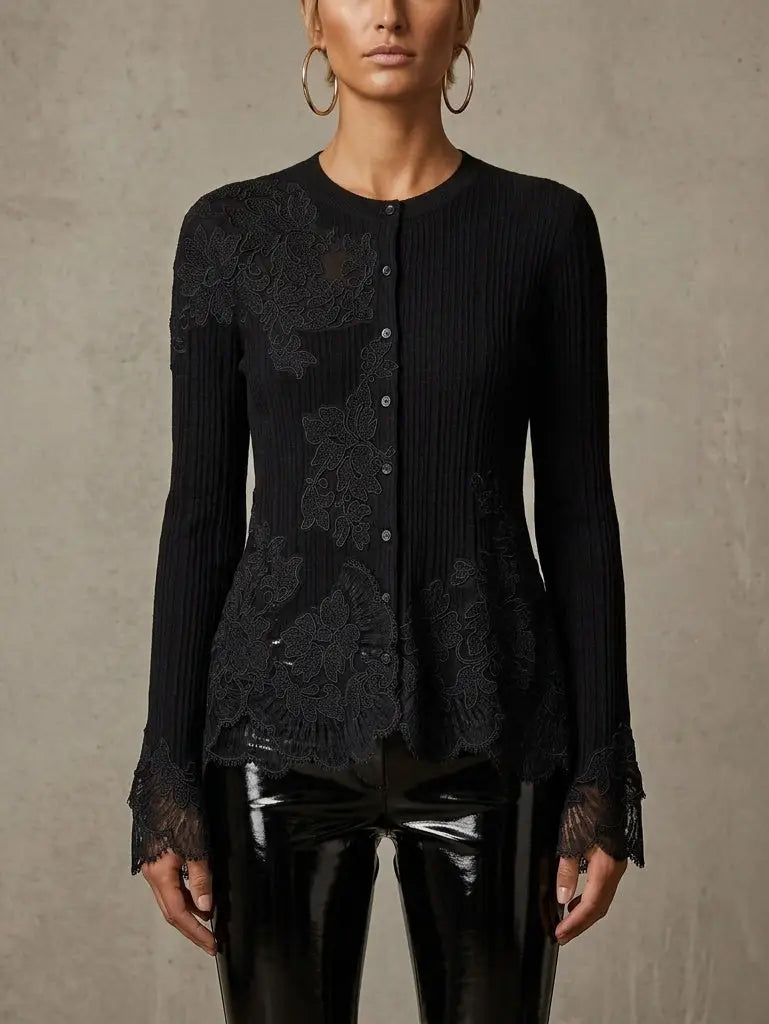 Ribbed Knit Wool Cardigan with Lace Trim in Black - Sweaters & Knitwear
