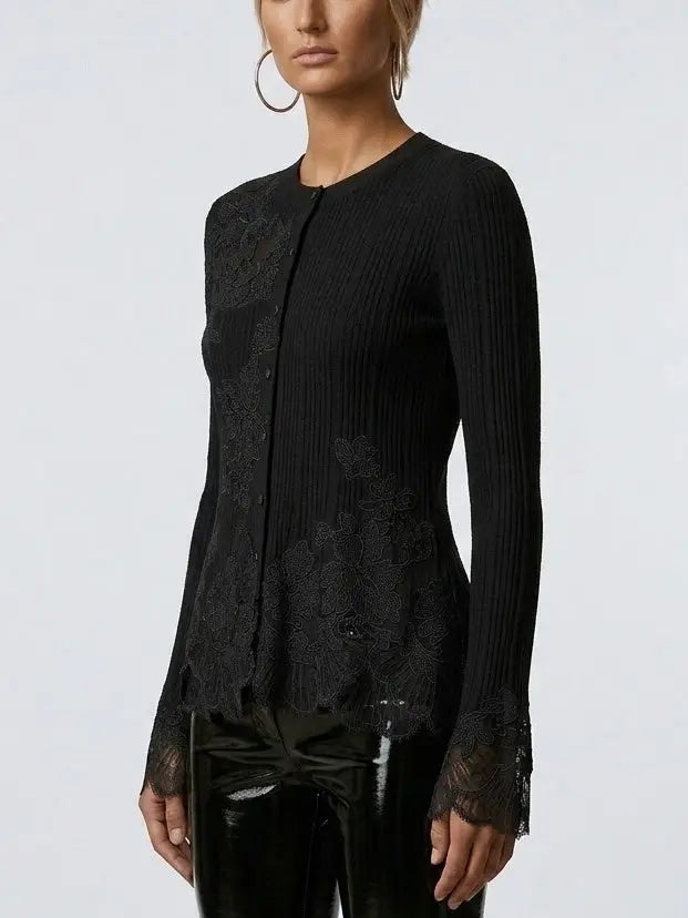 Ribbed Knit Wool Cardigan with Lace Trim in Black - Sweaters & Knitwear