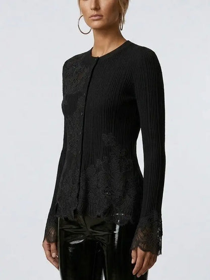 Ribbed Knit Wool Cardigan with Lace Trim in Black - Sweaters & Knitwear
