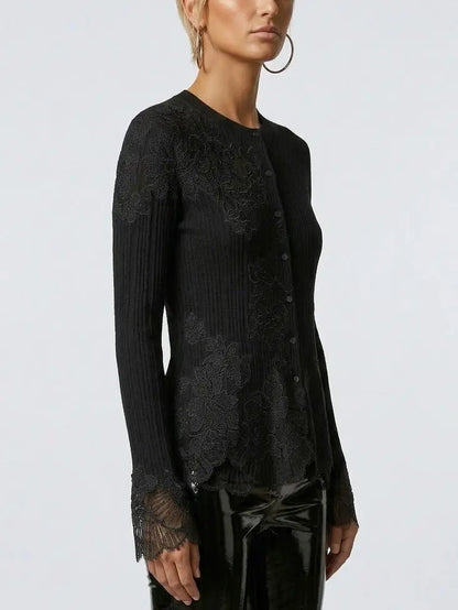 Ribbed Knit Wool Cardigan with Lace Trim in Black - Sweaters & Knitwear