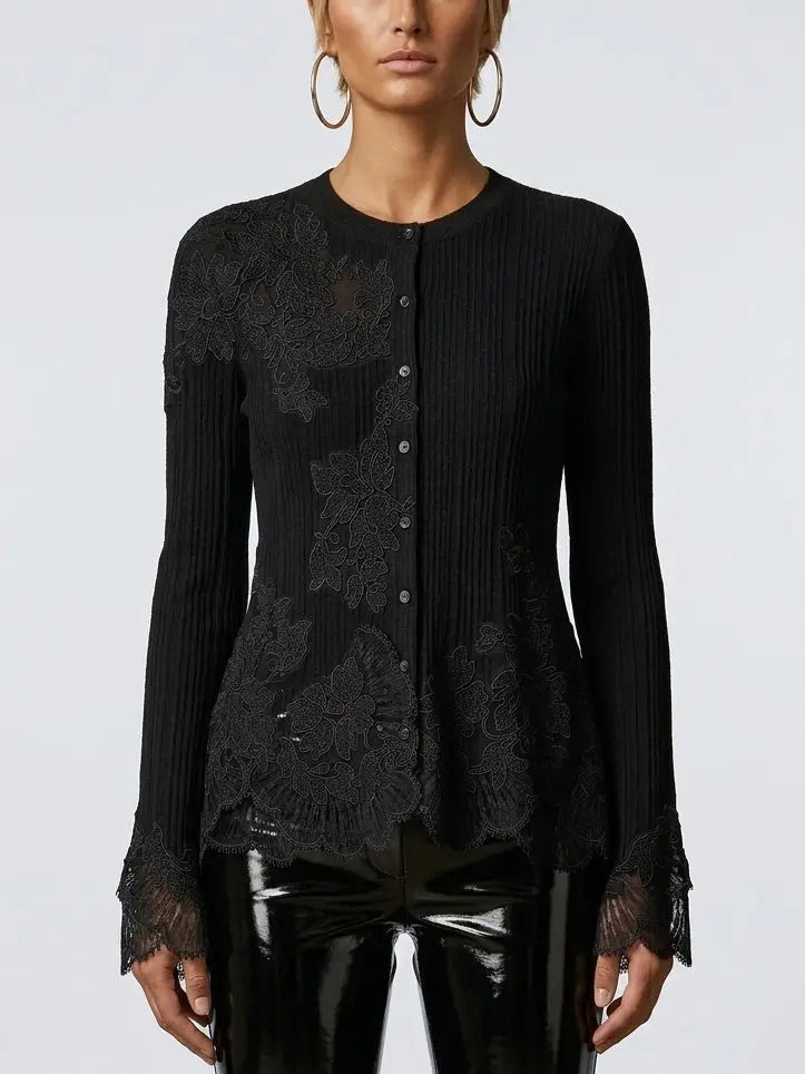 Ribbed Knit Wool Cardigan with Lace Trim in Black - Small - Sweaters & Knitwear