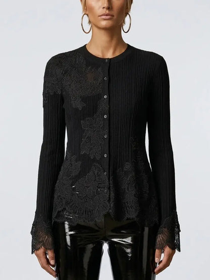 Ribbed Knit Wool Cardigan with Lace Trim in Black - Small - Sweaters & Knitwear
